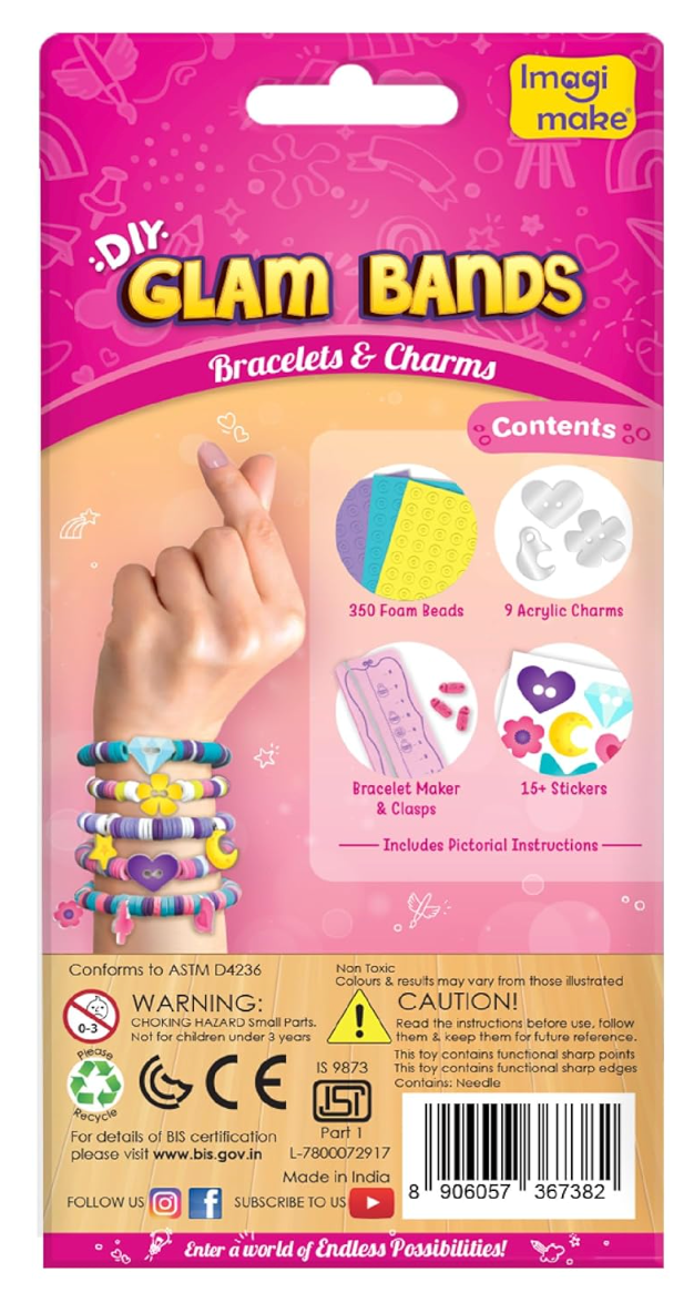 Imagimake DIY Glam Bands Bracelet & Charms - Create 5 Unique Bracelets | Mess-Free Art & Craft Kit for Girls Ages 3-6