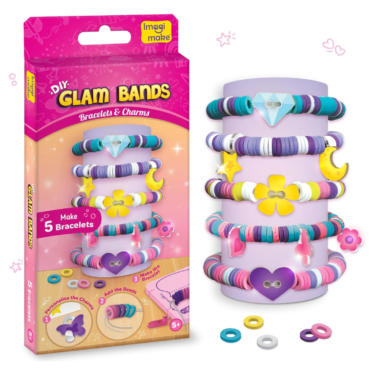 Imagimake DIY Glam Bands Bracelet & Charms - Create 5 Unique Bracelets | Mess-Free Art & Craft Kit for Girls Ages 3-6