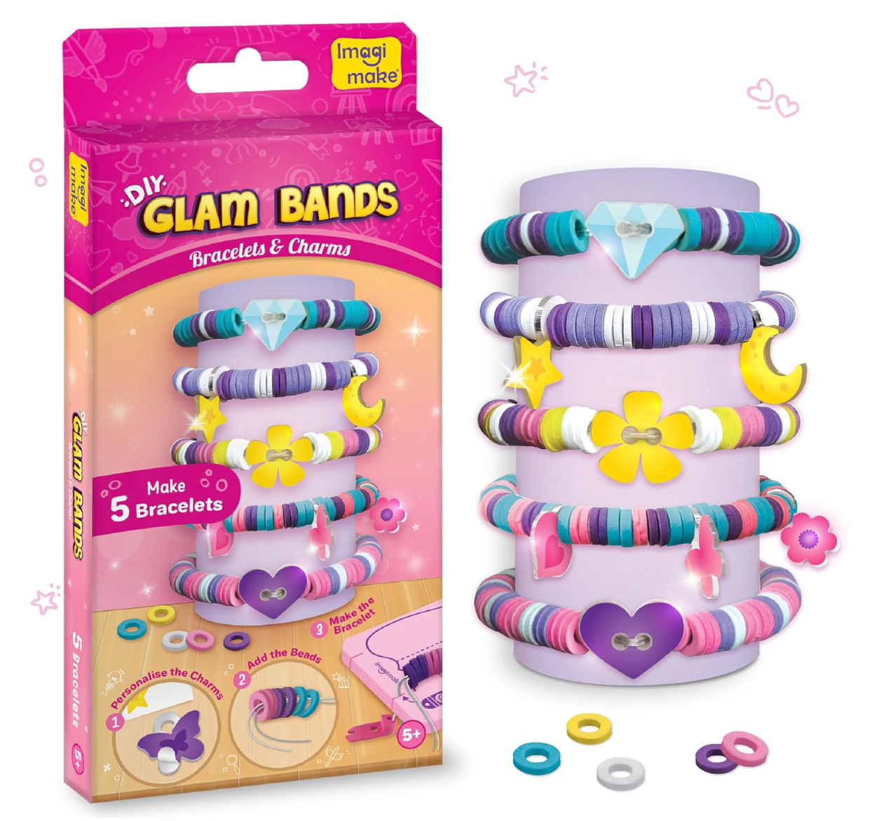 Imagimake DIY Glam Bands Bracelet & Charms - Create 5 Unique Bracelets | Mess-Free Art & Craft Kit for Girls Ages 3-6