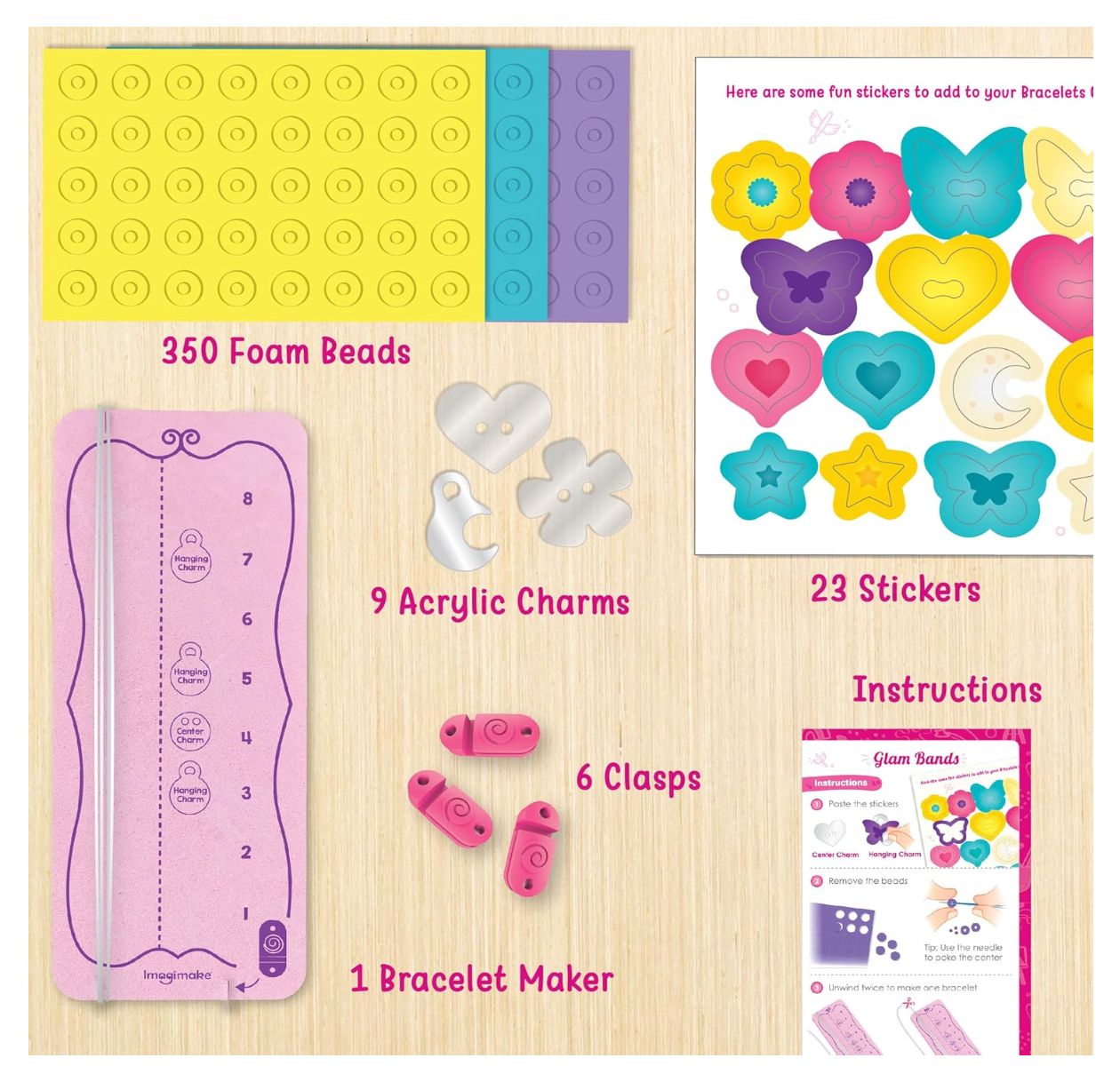 Imagimake DIY Glam Bands Bracelet & Charms - Create 5 Unique Bracelets | Mess-Free Art & Craft Kit for Girls Ages 3-6